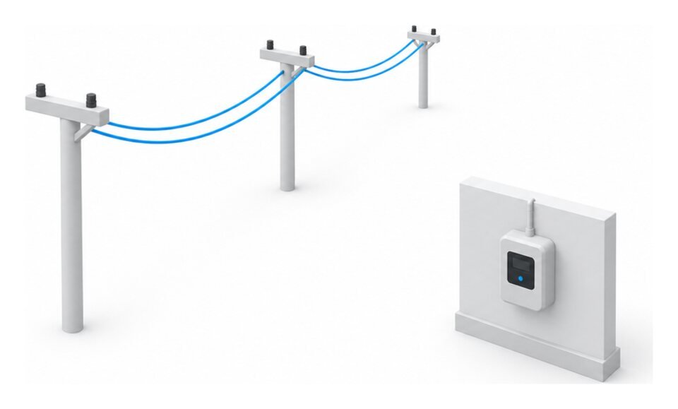 Tres postes de tendido eléctrico isométricos unidos por cables azules que llegan hasta un contador blanco montado en la pared de una vivienda.