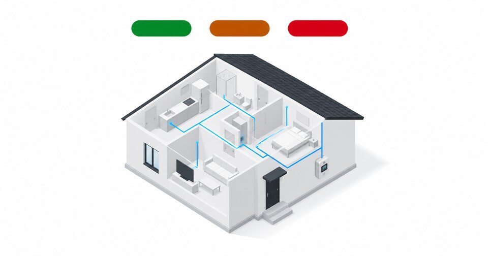 Vista isométrica de una vivienda seccionada: la cocina, el salón, el baño y el dormitorio conectados por una línea de energía azul que llega hasta el contador de la pared. Encima flotan tres pastillas de color verde, ámbar y roja, los tres periodos de la tarifa.